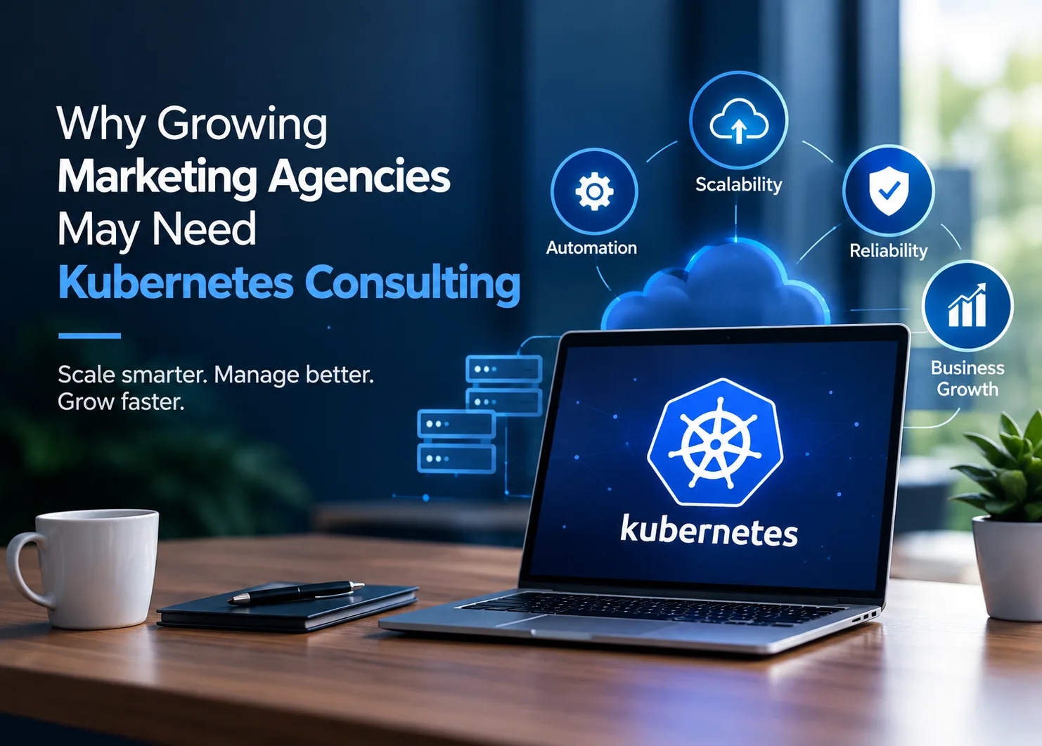 Kubernetes consulting banner showing a laptop with the Kubernetes logo, cloud infrastructure graphics, and icons representing automation, scalability, reliability, and business growth, alongside the headline explaining why growing marketing agencies may need Kubernetes consulting to manage increasing traffic and operations.